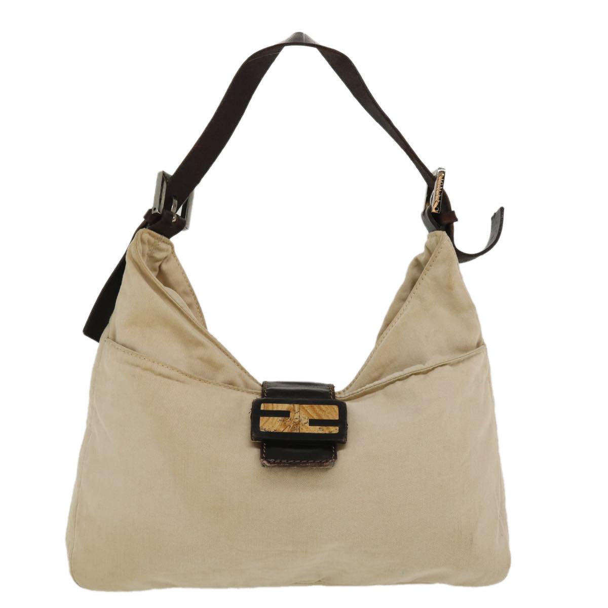 FENDI Mamma Baguette Shoulder Bag Canvas Beige 2355 26569 008 Auth ac1798