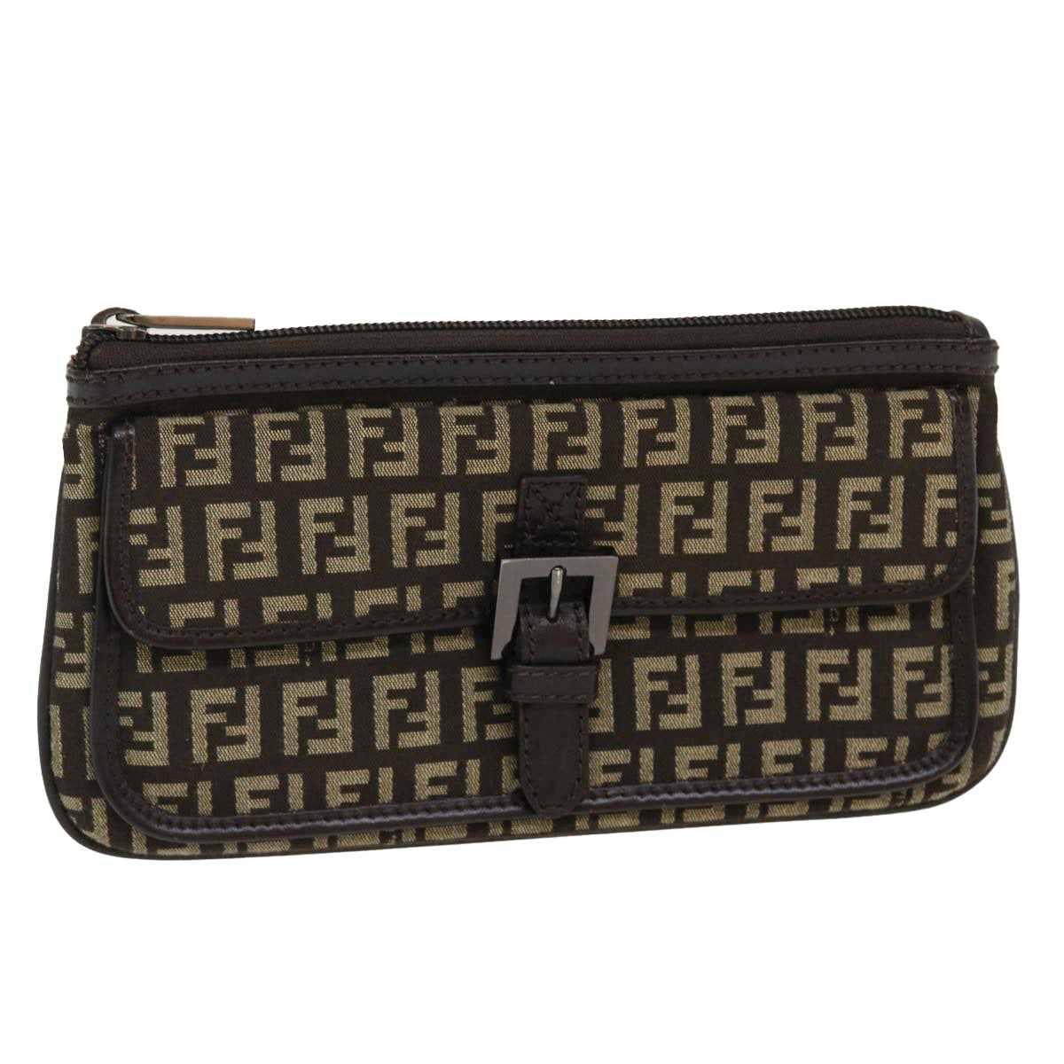 FENDI Zucchino Canvas Pouch Brown Auth ac1919