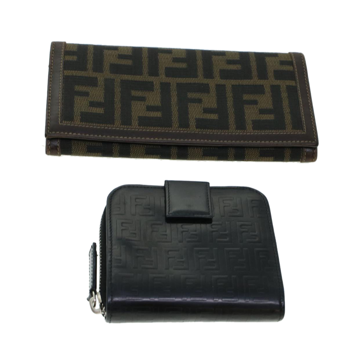 FENDI Zucca Canvas Wallet Leather 2Set Black Brown Auth ac1941