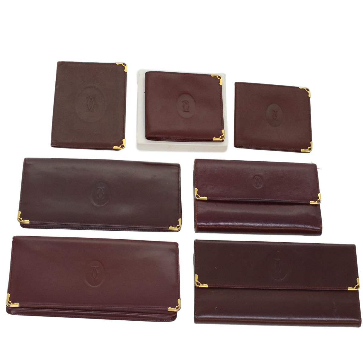 CARTIER Wallet Leather 7Set Wine Red Brown Auth ac1970