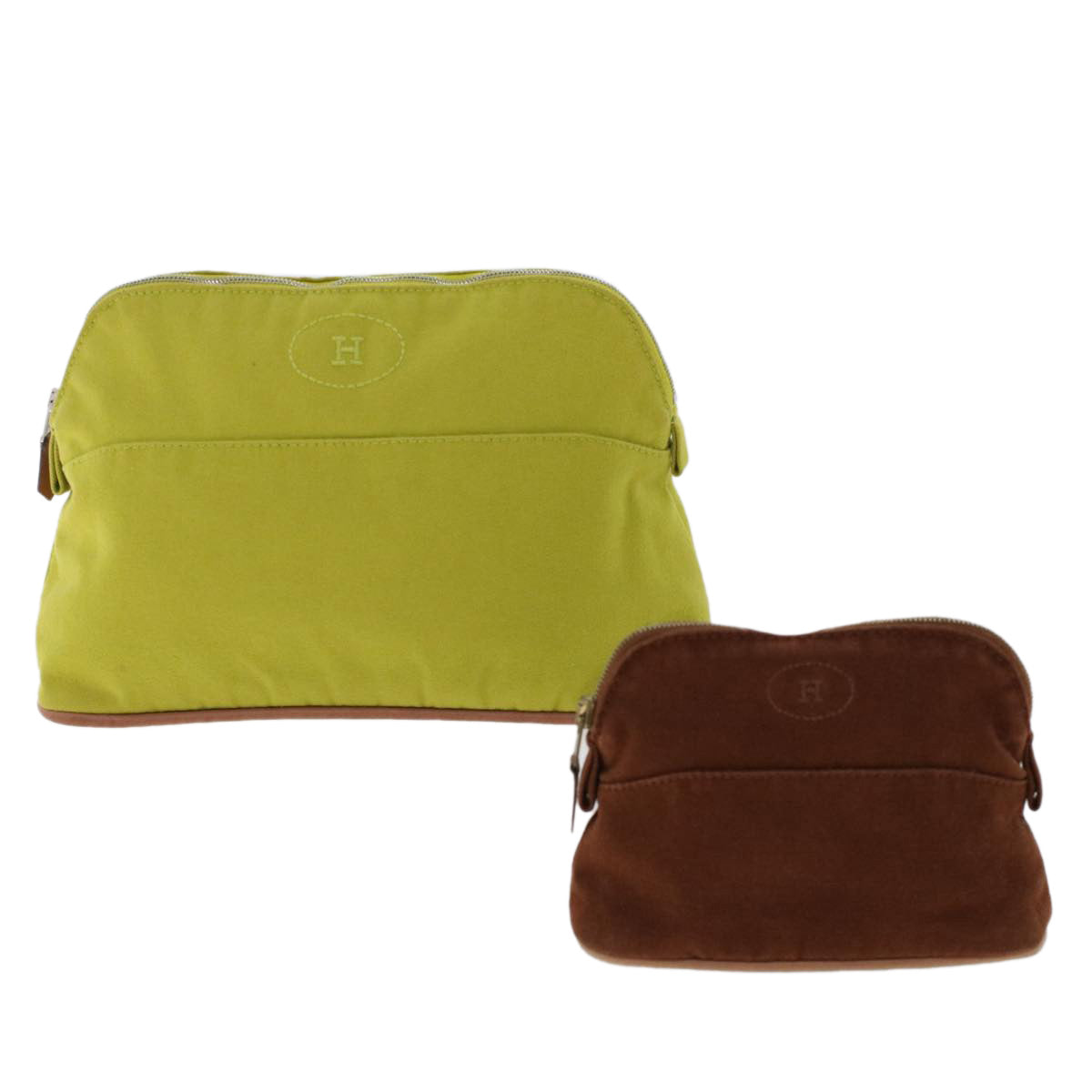HERMES Pouch Canvas 2Set Lime Green Brown Auth ac1995