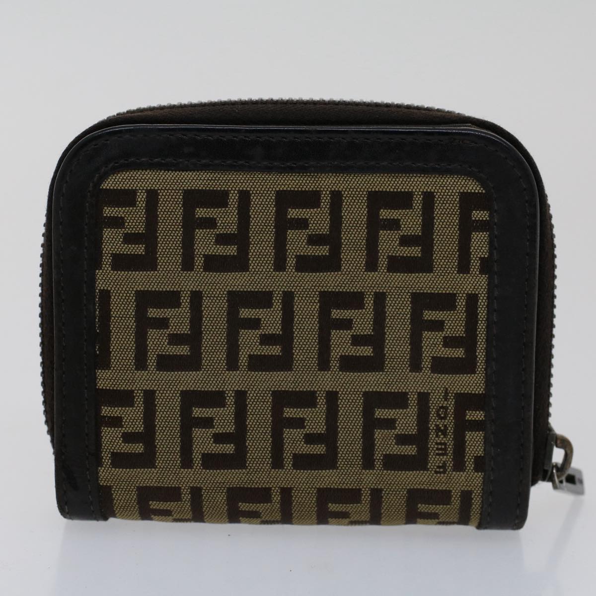 FENDI Zucchino Pequin Canvas Pouch Wallet PVC Leather 2Set Brown Auth ac2094