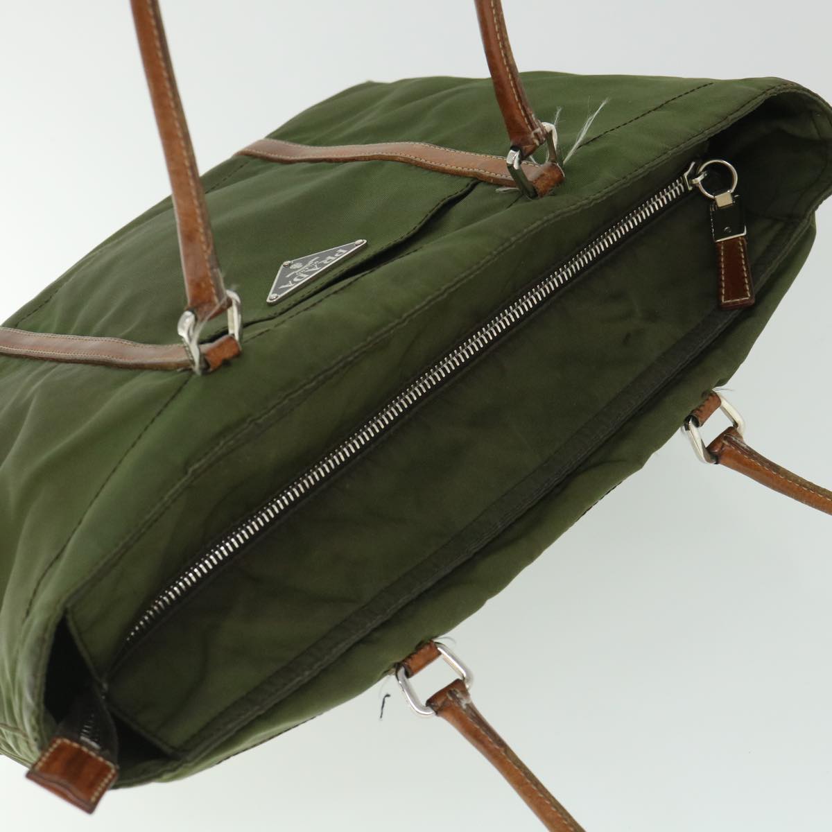 PRADA Tote Bag Nylon Leather Khaki Brown Auth ac2231