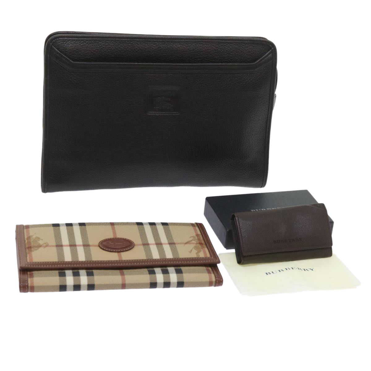 BURBERRY Nova Check Clutch Key Case Wallet Leather 3Set Black Auth ac2238