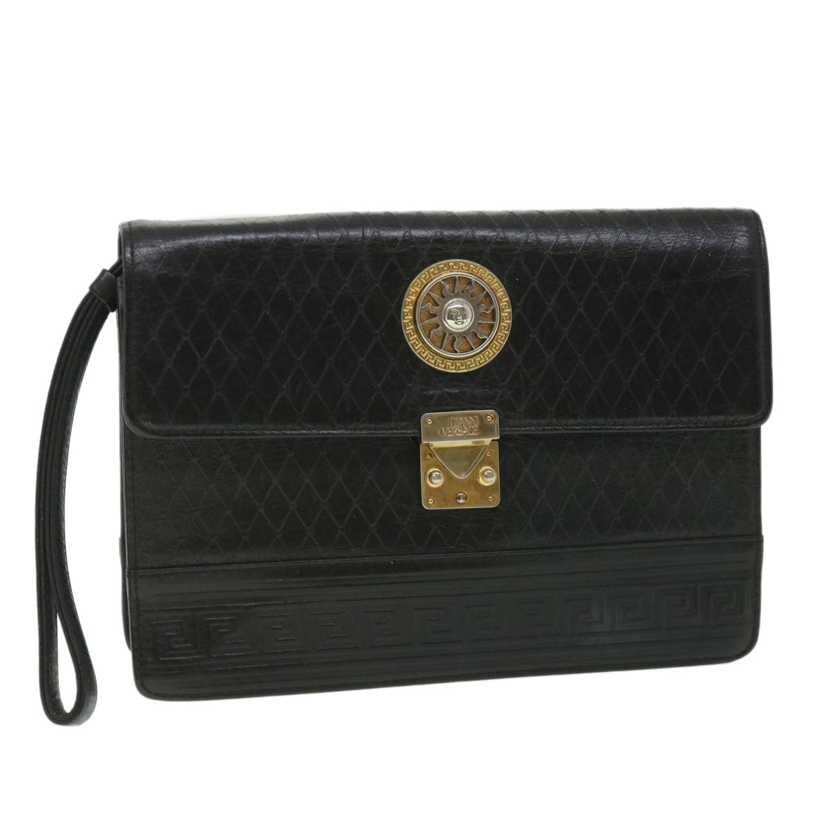 Gianni Versace Clutch Bag Leather Black Auth ac2304