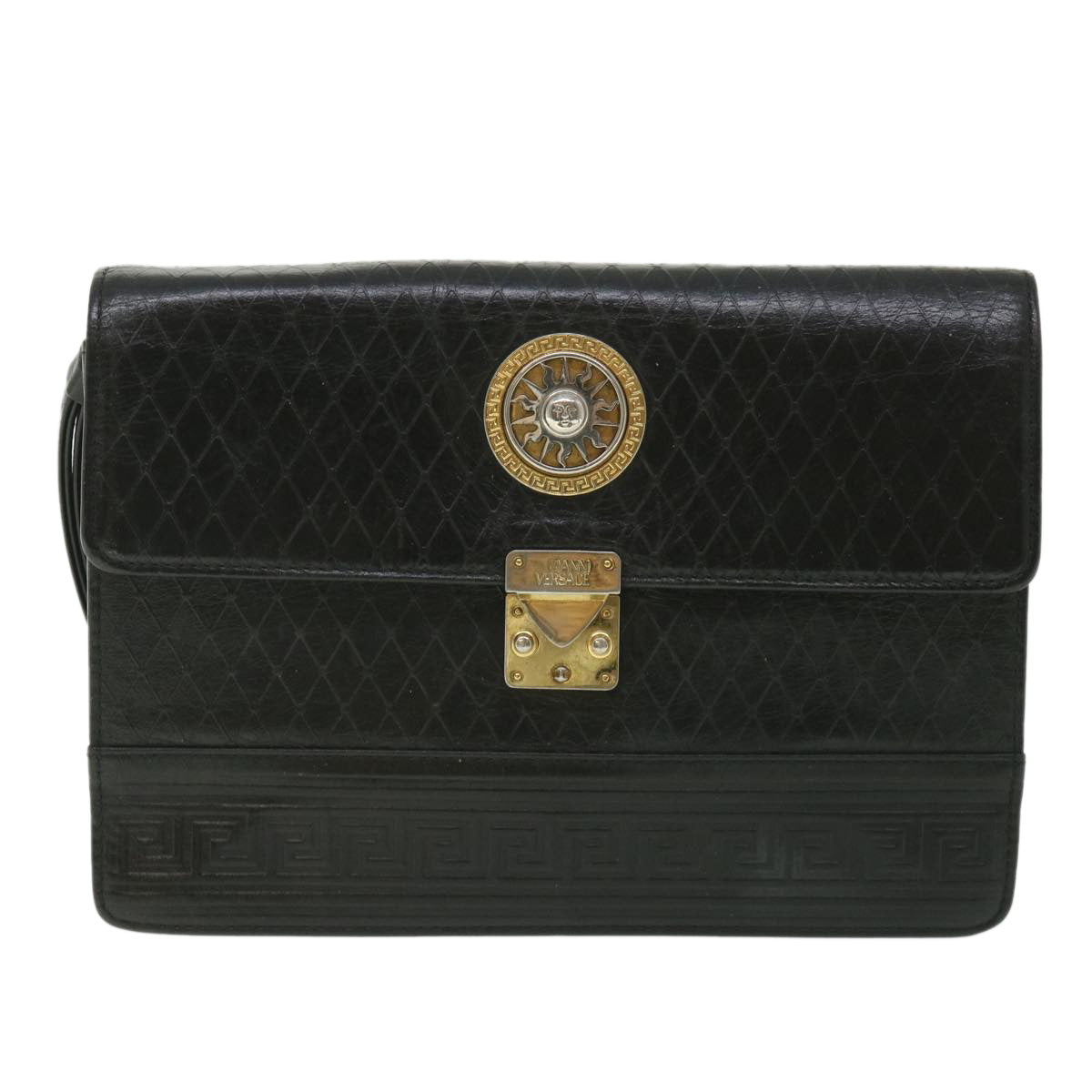 Gianni Versace Clutch Bag Leather Black Auth ac2304