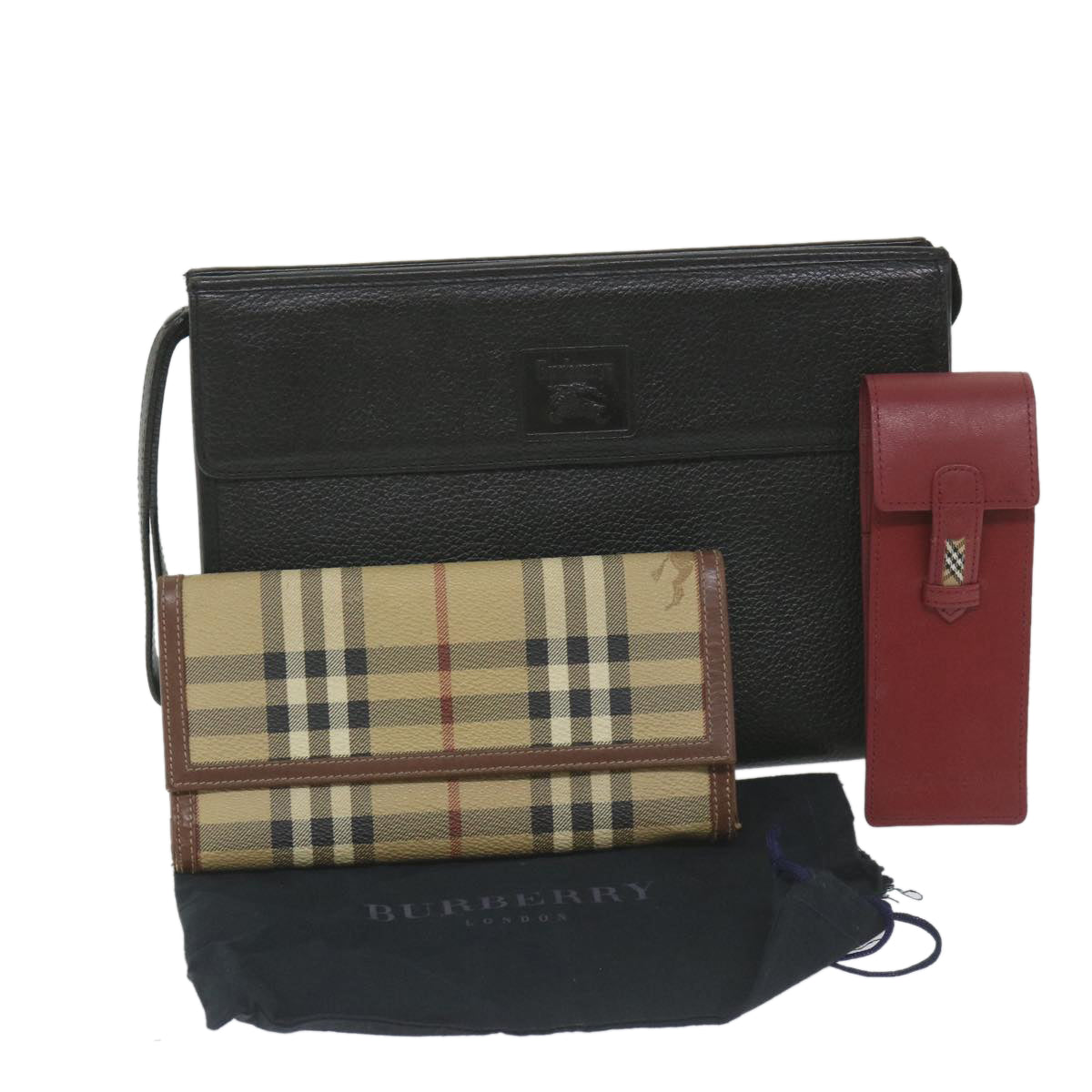 Burberrys Nova Check Clutch Bag Leather 3Set Black Red Beige Auth ac2312