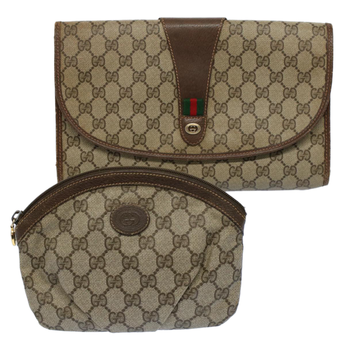 GUCCI GG Supreme Web Sherry Line Clutch Bag 2Set Beige Red Green Auth ac2325