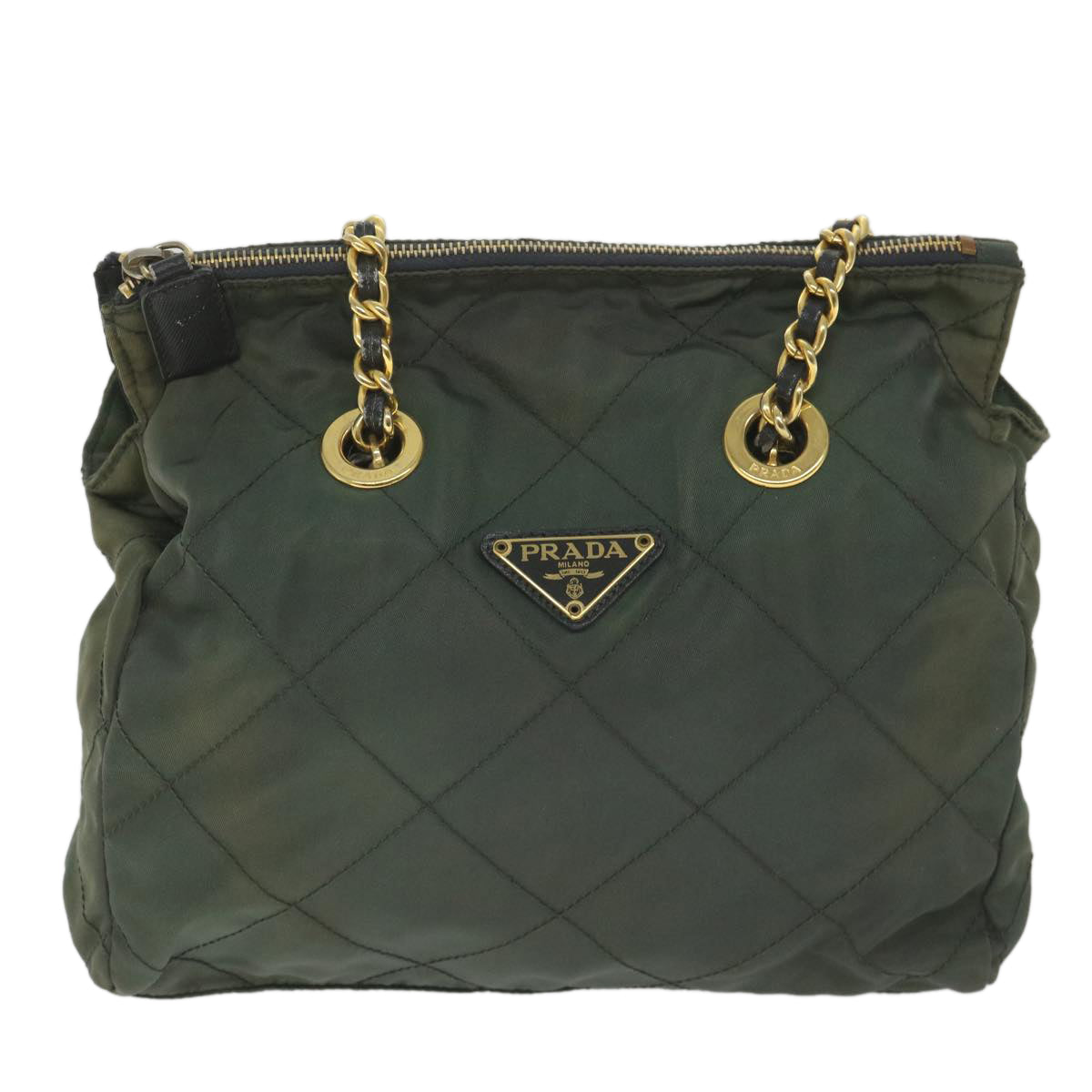 PRADA Quilted Chain Shoulder Bag Nylon Khaki Auth ac2437