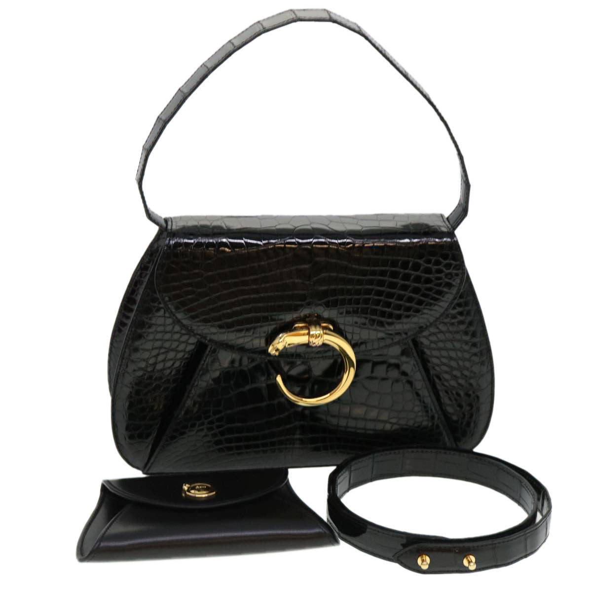 CARTIER PANTHERE Shoulder Bag Exotic leather Black Auth ai581A