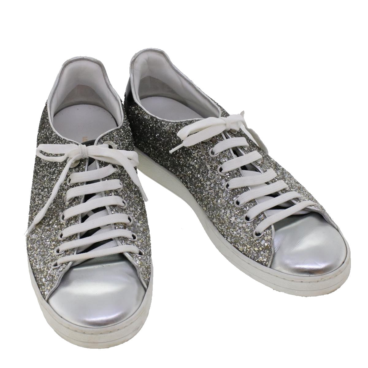 LOUIS VUITTON Front Low Line Glitter Sneakers Leather 38.5 Silver LV Auth ak199