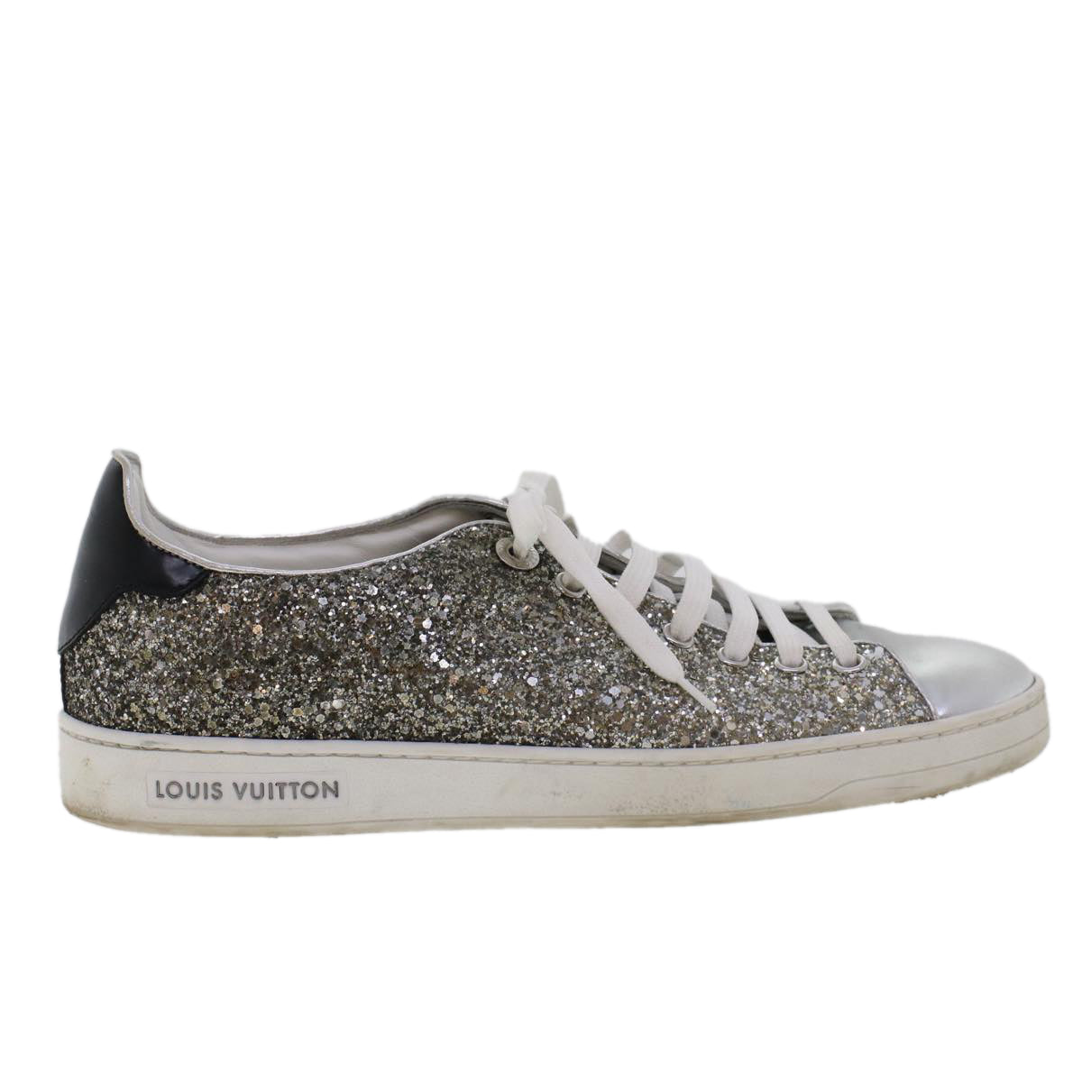 LOUIS VUITTON Front Low Line Glitter Sneakers Leather 38.5 Silver LV Auth ak199