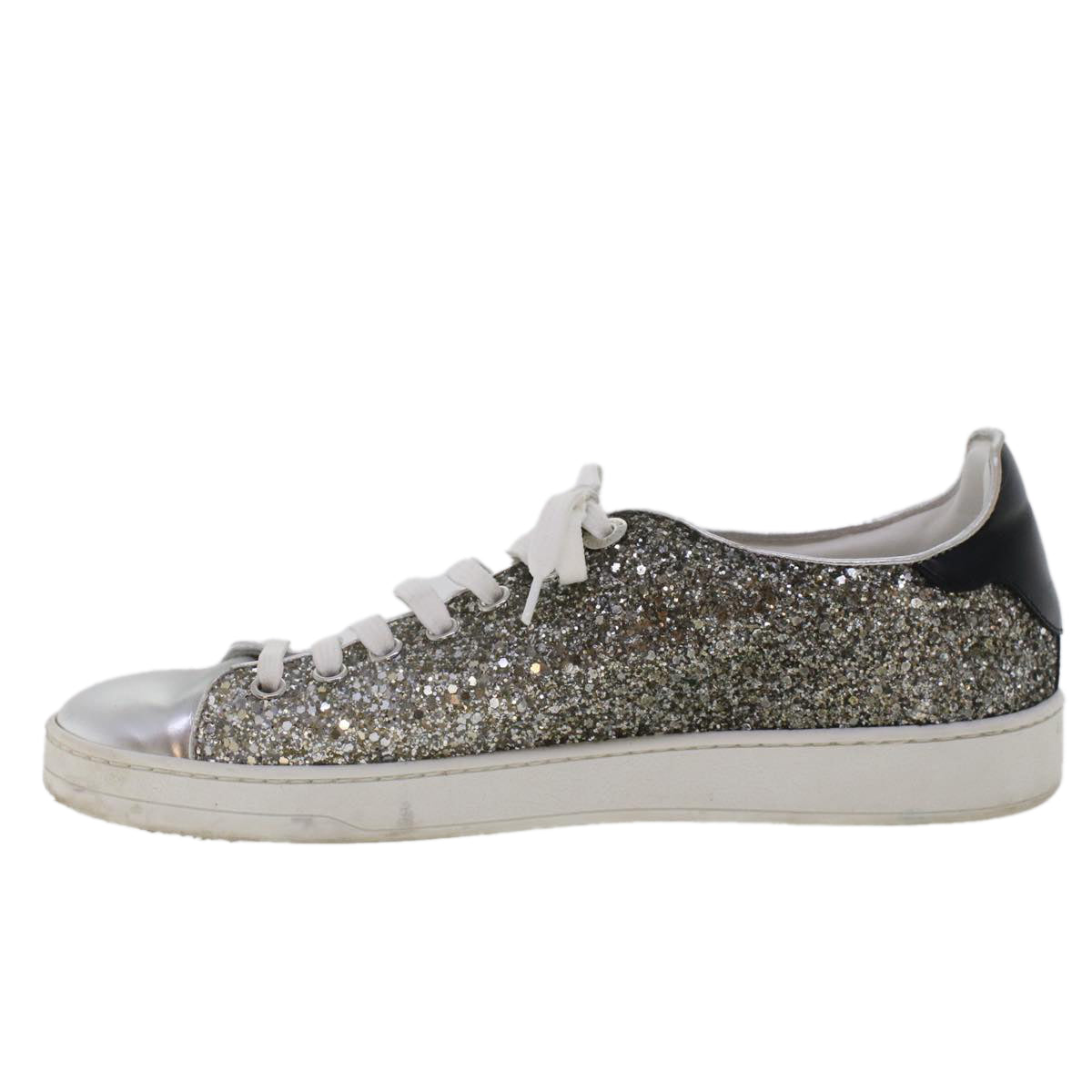 LOUIS VUITTON Front Low Line Glitter Sneakers Leather 38.5 Silver LV Auth ak199