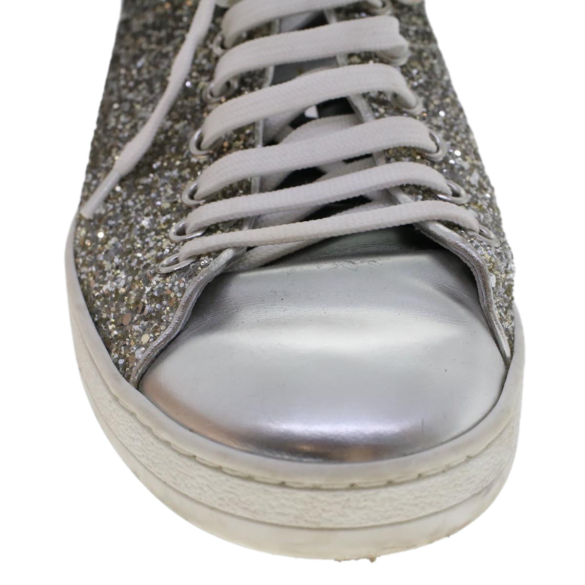 LOUIS VUITTON Front Low Line Glitter Sneakers Leather 38.5 Silver LV Auth ak199