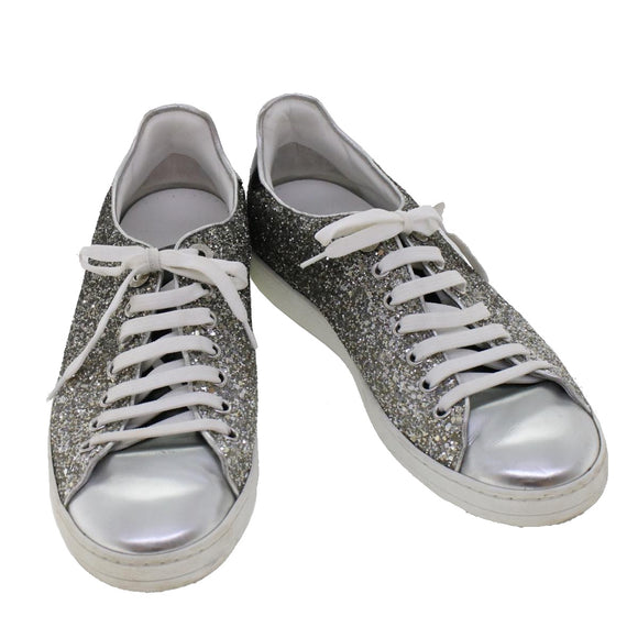 LOUIS VUITTON Front Low Line Glitter Sneakers Leather 38.5 Silver LV Auth ak199