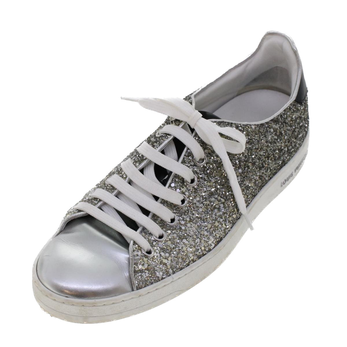 LOUIS VUITTON Front Low Line Glitter Sneakers Leather 38.5 Silver LV Auth ak199