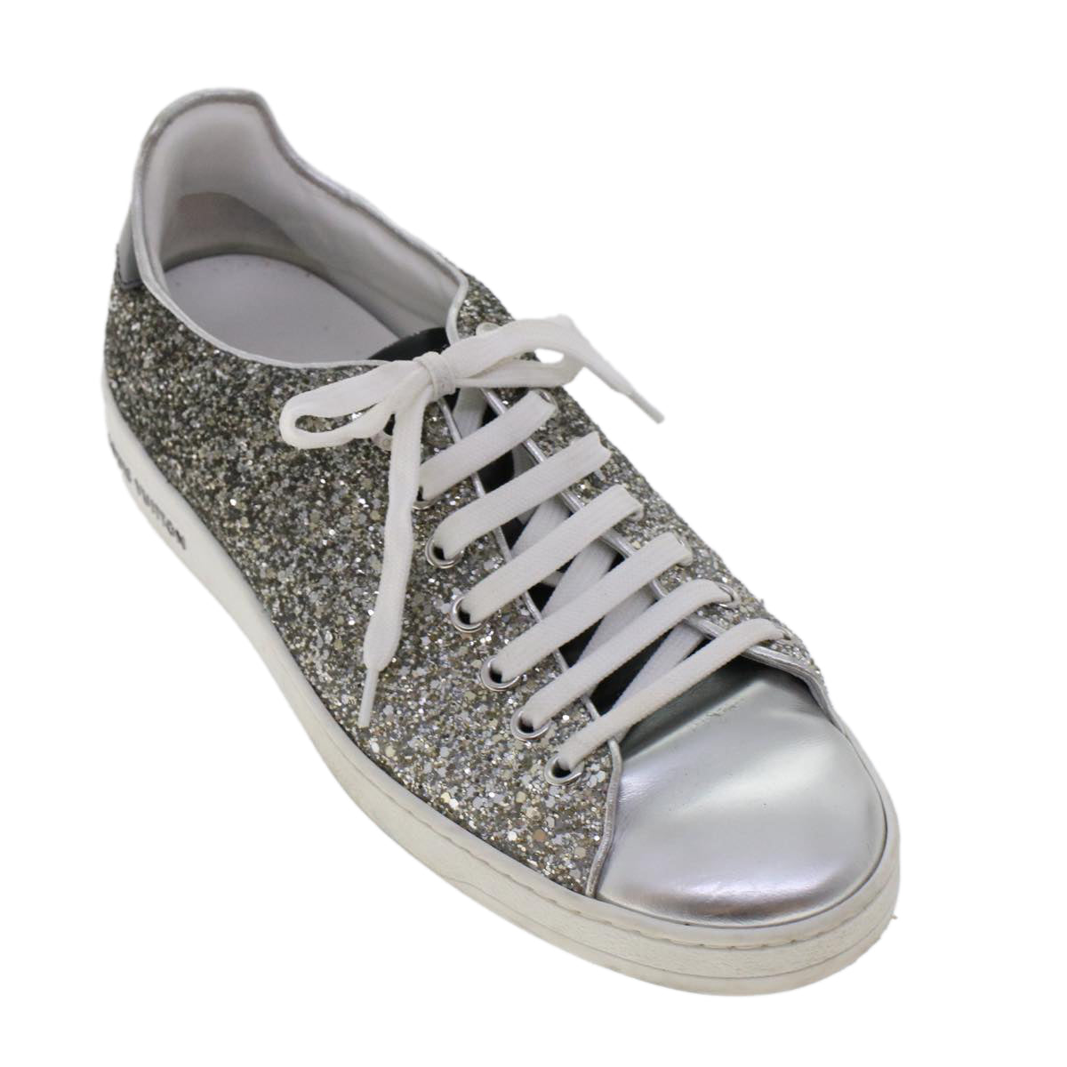 LOUIS VUITTON Front Low Line Glitter Sneakers Leather 38.5 Silver LV Auth ak199