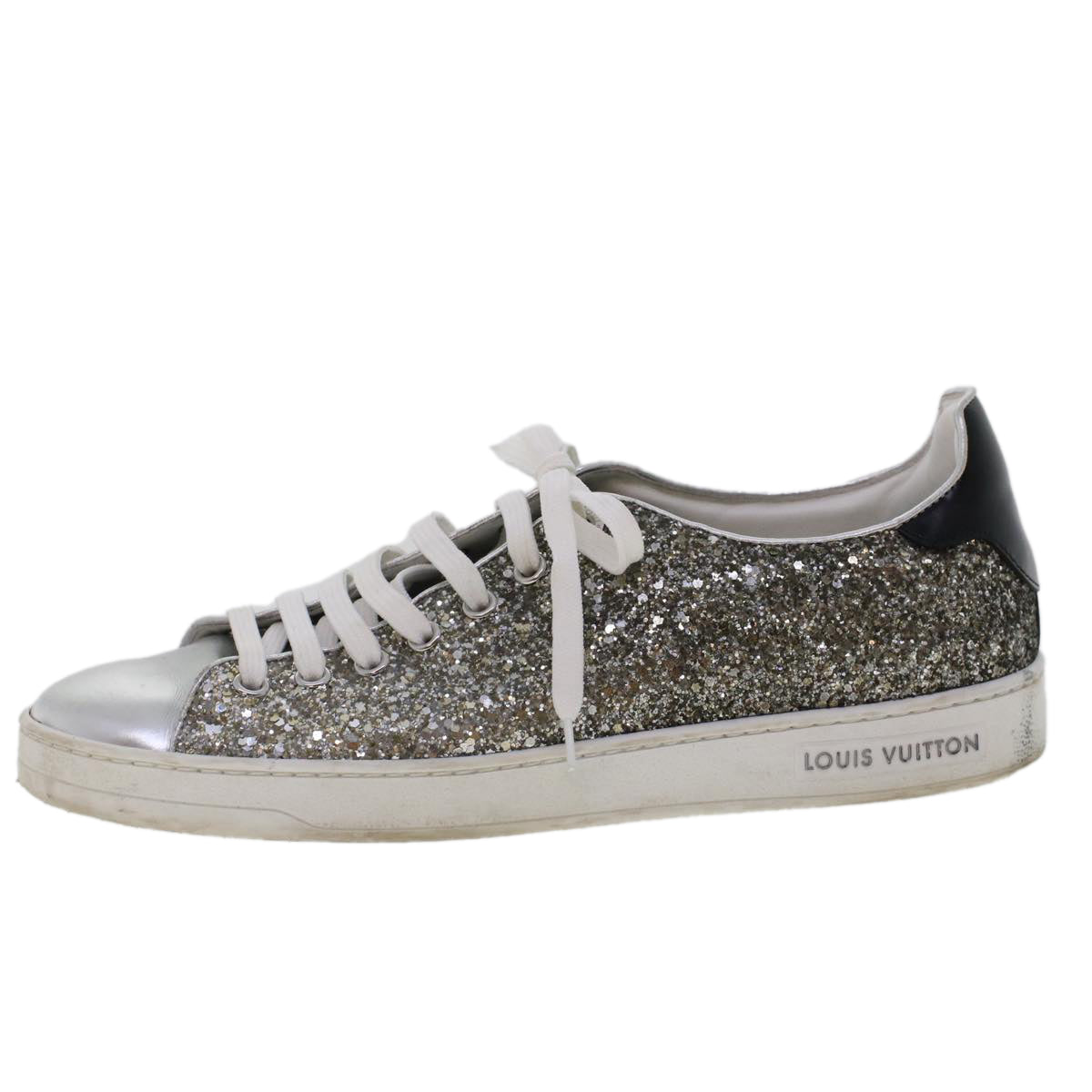 LOUIS VUITTON Front Low Line Glitter Sneakers Leather 38.5 Silver LV Auth ak199