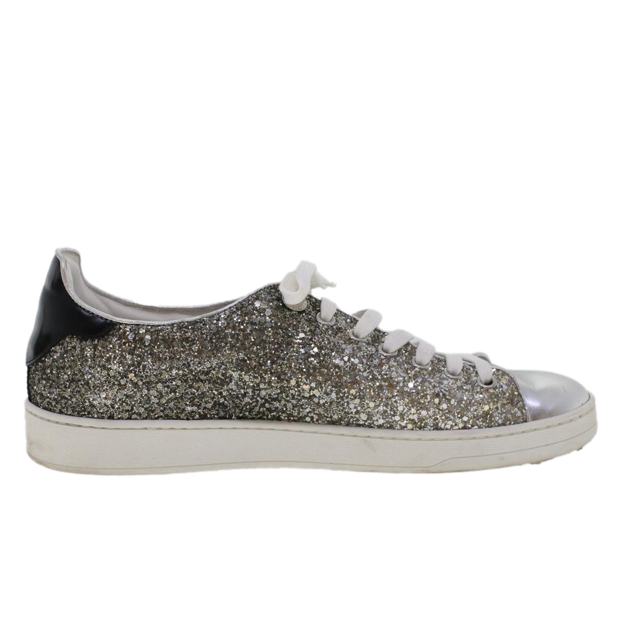 LOUIS VUITTON Front Low Line Glitter Sneakers Leather 38.5 Silver LV Auth ak199