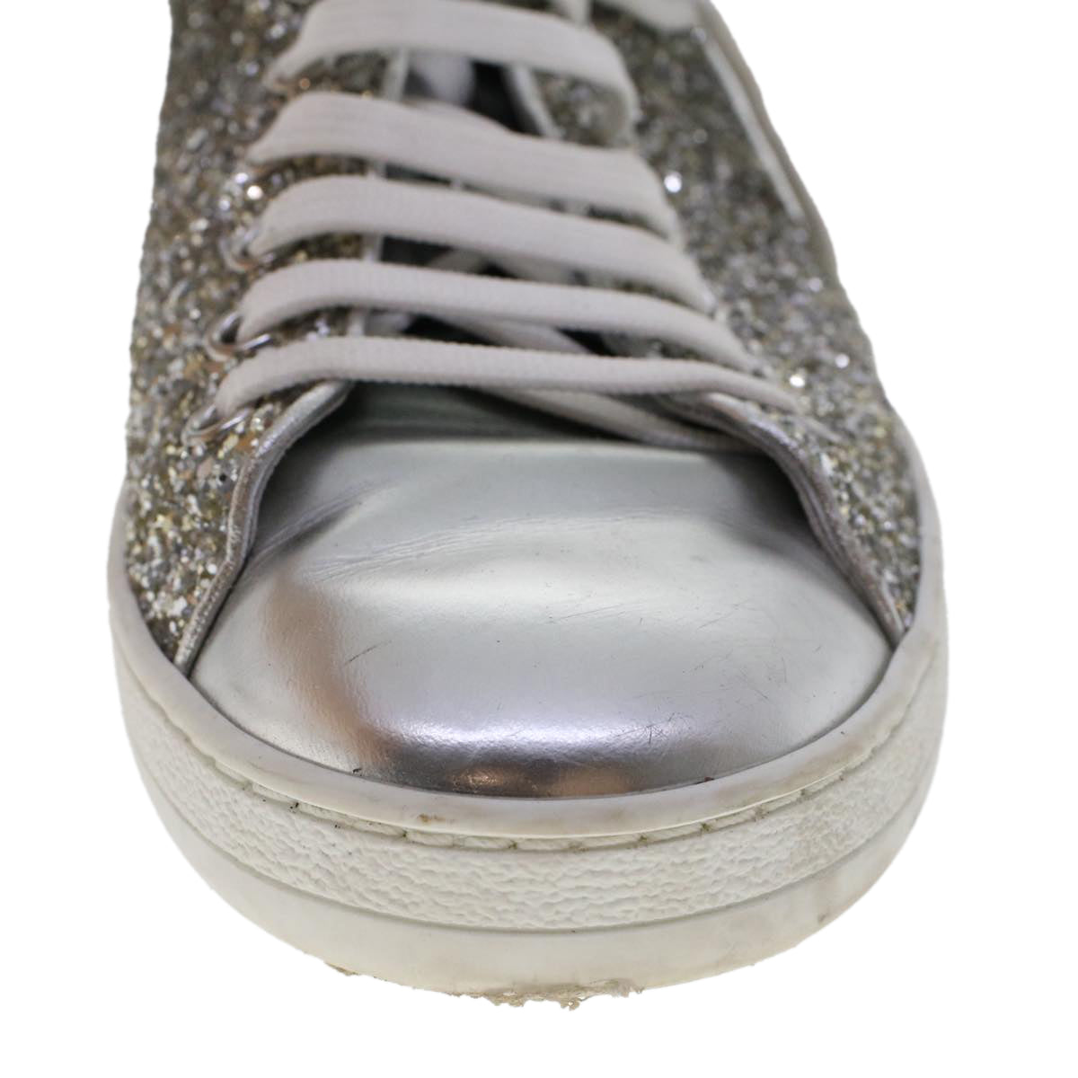 LOUIS VUITTON Front Low Line Glitter Sneakers Leather 38.5 Silver LV Auth ak199