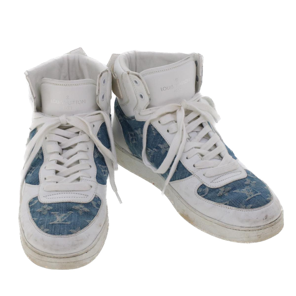 LOUIS VUITTON Monogram Denim Rivoli Line High Top Sneakers 5.5 White Auth ak200