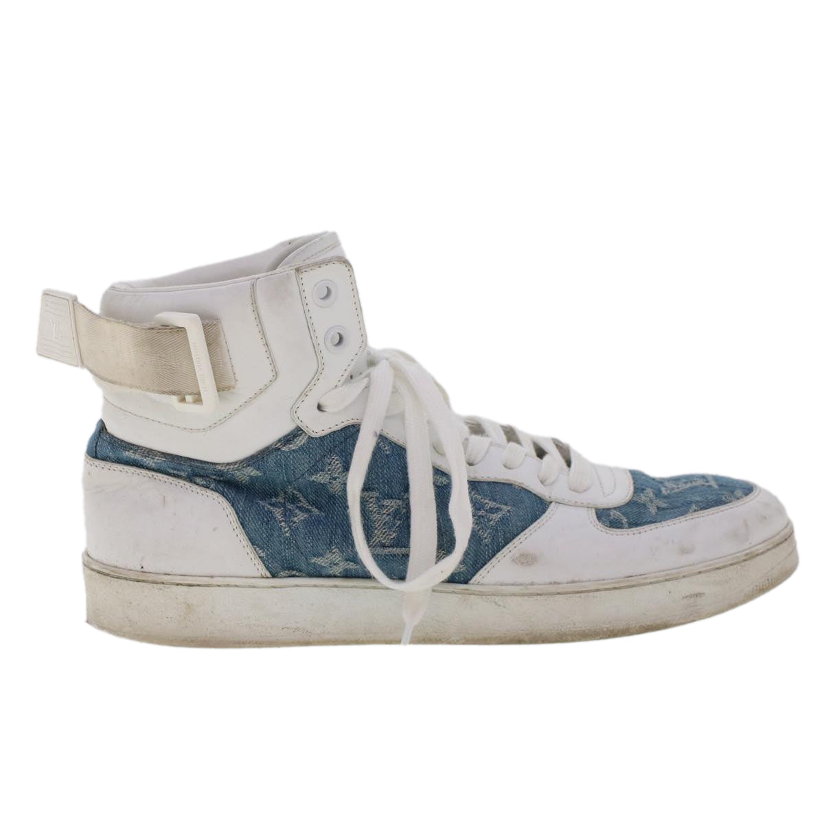 LOUIS VUITTON Monogram Denim Rivoli Line High Top Sneakers 5.5 White Auth ak200