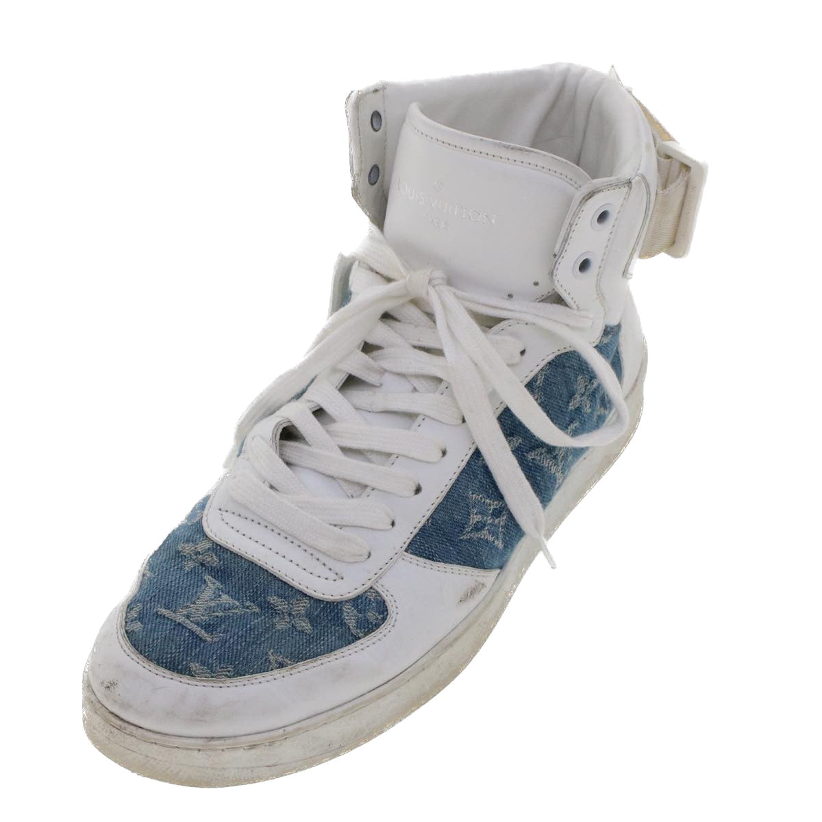 LOUIS VUITTON Monogram Denim Rivoli Line High Top Sneakers 5.5 White Auth ak200