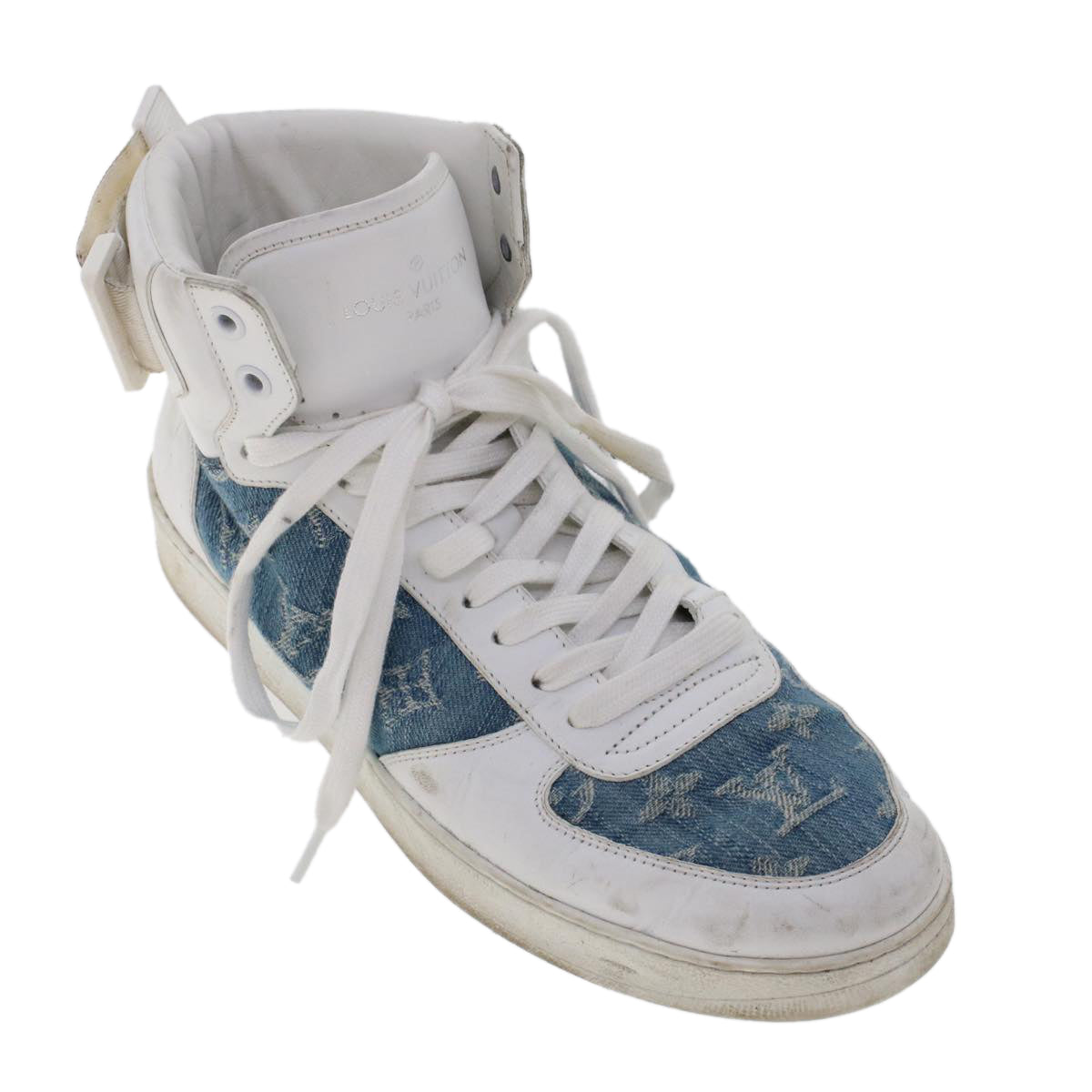 LOUIS VUITTON Monogram Denim Rivoli Line High Top Sneakers 5.5 White Auth ak200