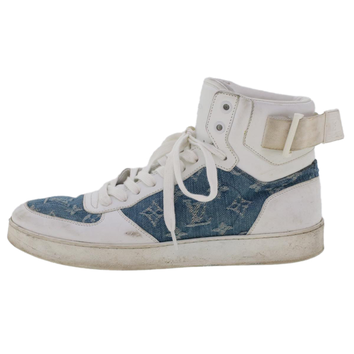 LOUIS VUITTON Monogram Denim Rivoli Line High Top Sneakers 5.5 White Auth ak200