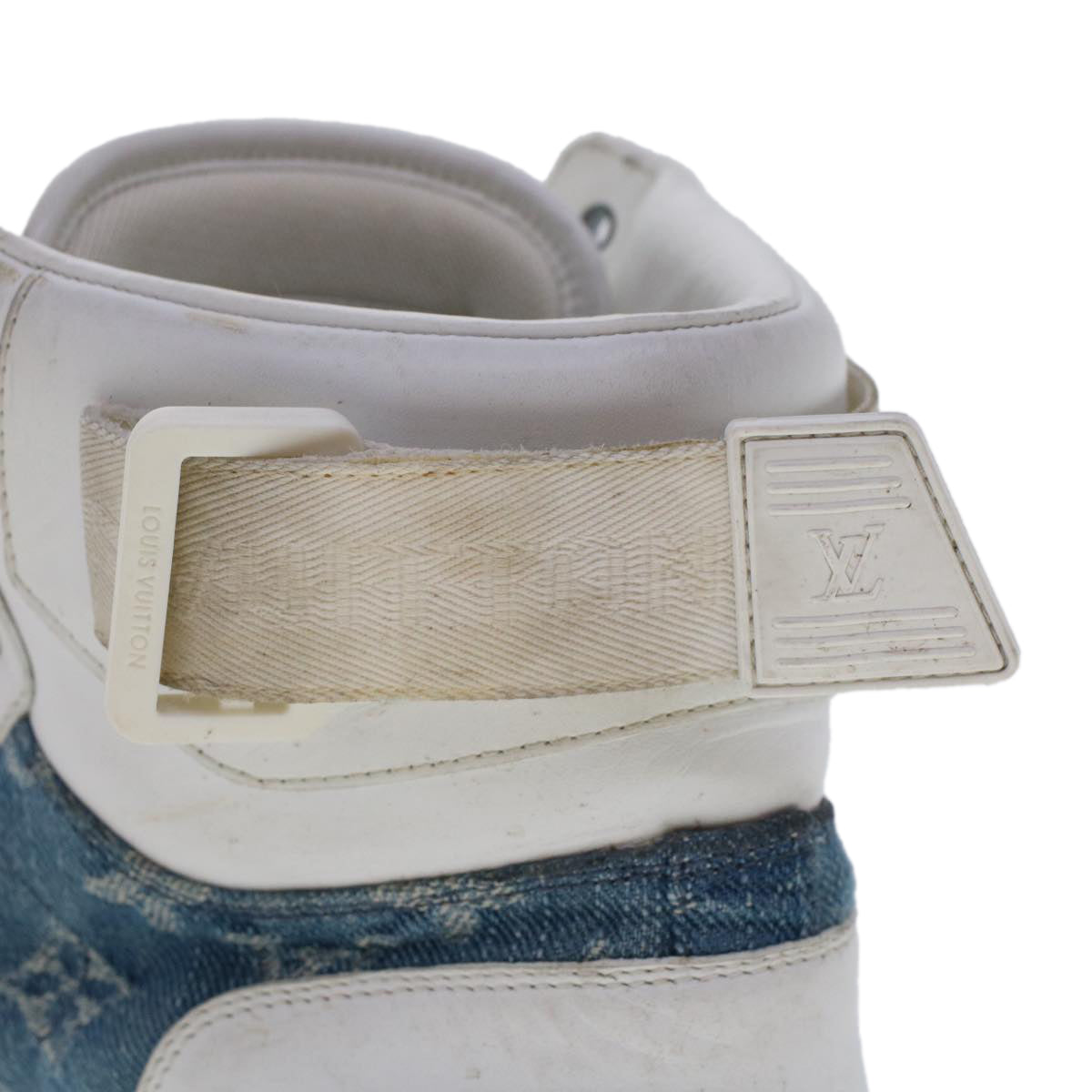 LOUIS VUITTON Monogram Denim Rivoli Line High Top Sneakers 5.5 White Auth ak200