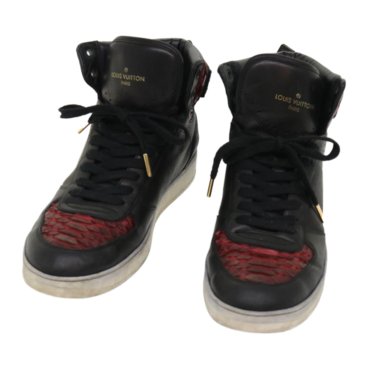 LOUIS VUITTON High Top Sneakers Exotic Leather 5.5 Black Red LV Auth ak201