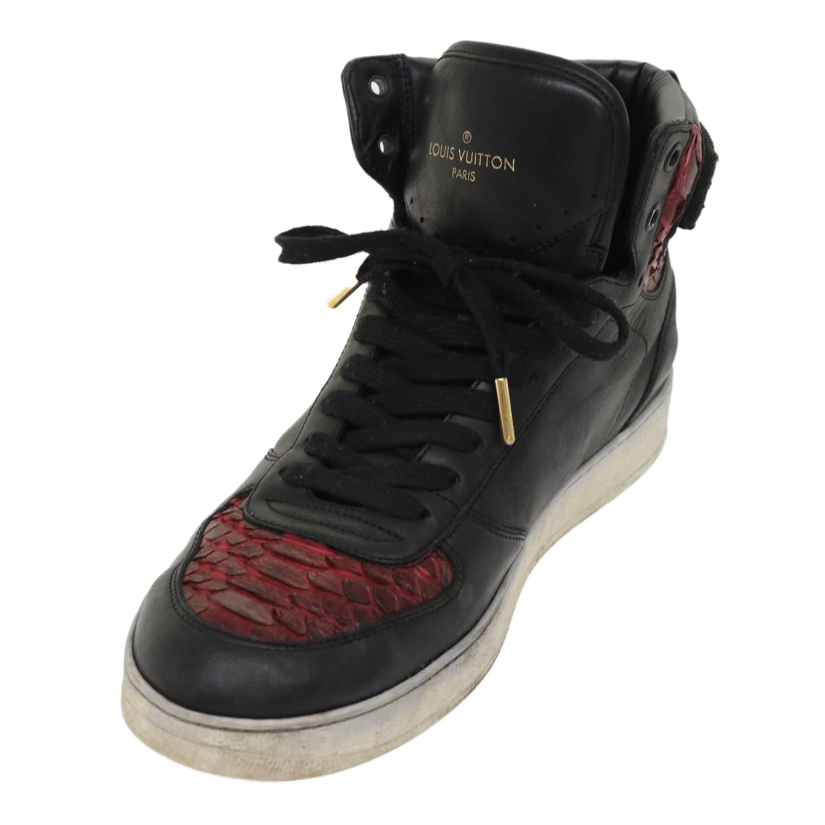 LOUIS VUITTON High Top Sneakers Exotic Leather 5.5 Black Red LV Auth ak201 - 0