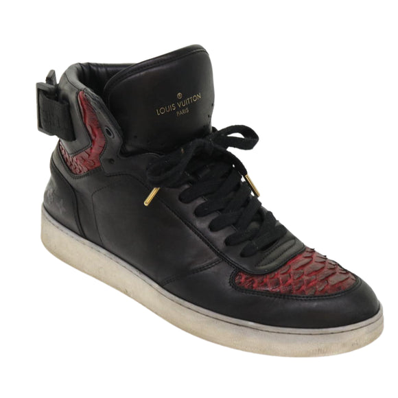 LOUIS VUITTON High Top Sneakers Exotic Leather 5.5 Black Red LV Auth ak201