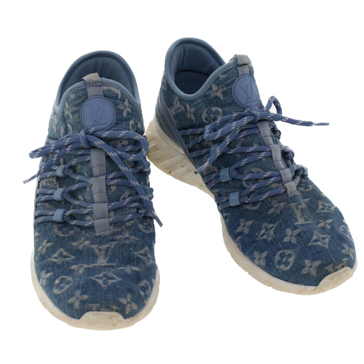 LOUIS VUITTON Monogram Denim Fast Lane Line Sneakers 5.5 Blue LV Auth ak204