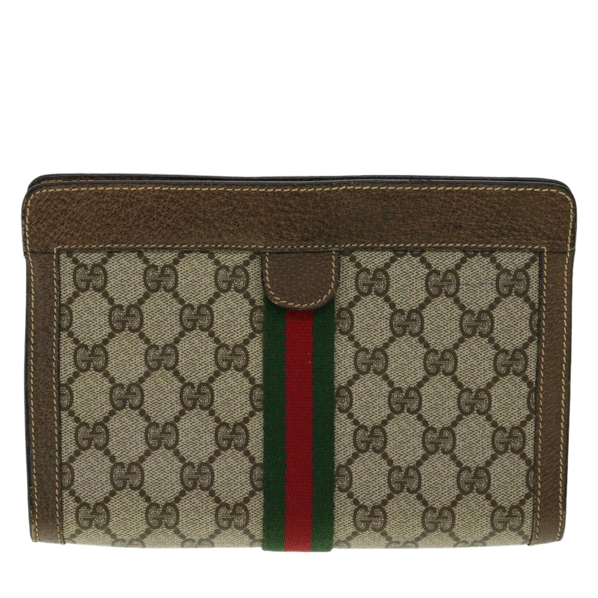 GUCCI GG Canvas Web Sherry Line Clutch Bag Beige Red Green Auth am3107