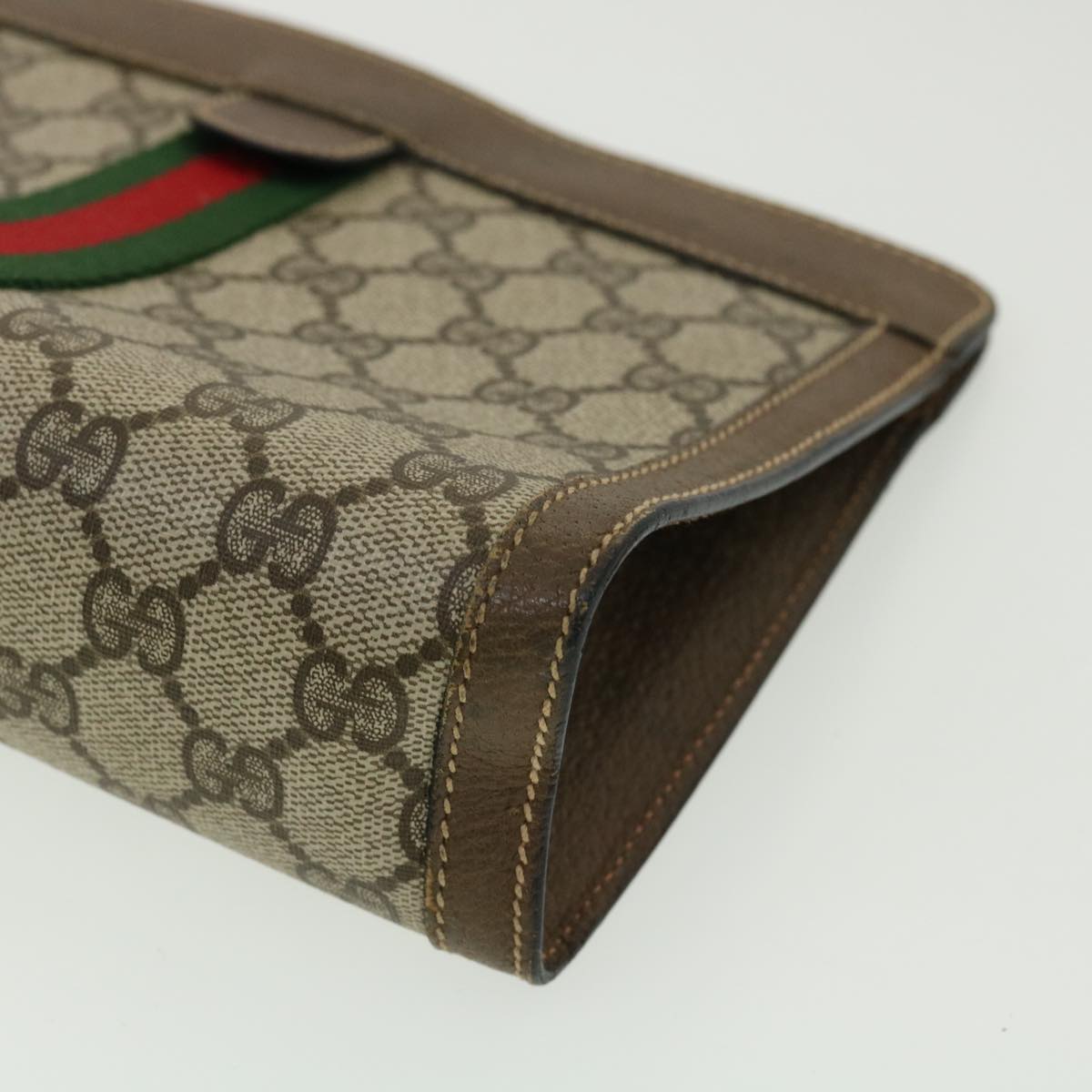 GUCCI GG Canvas Web Sherry Line Clutch Bag Beige Red Green Auth am3107