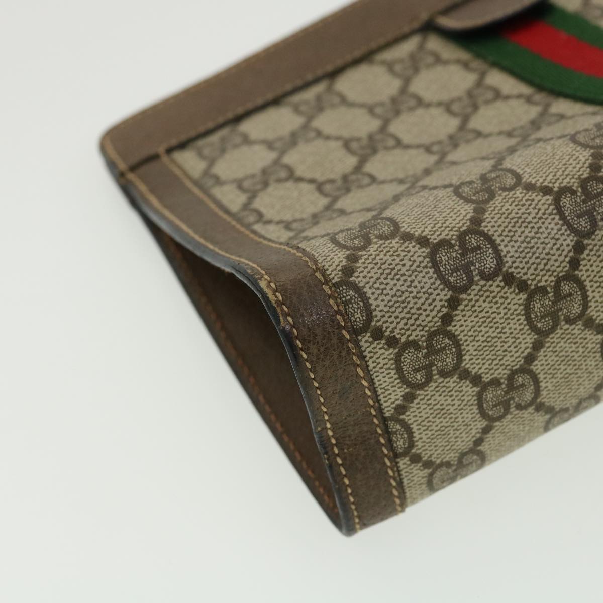 GUCCI GG Canvas Web Sherry Line Clutch Bag Beige Red Green Auth am3107