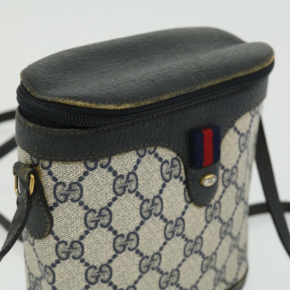 GUCCI Sherry Line GG Canvas Waist Bag PVC Leather Beige Navy Red Auth am3111