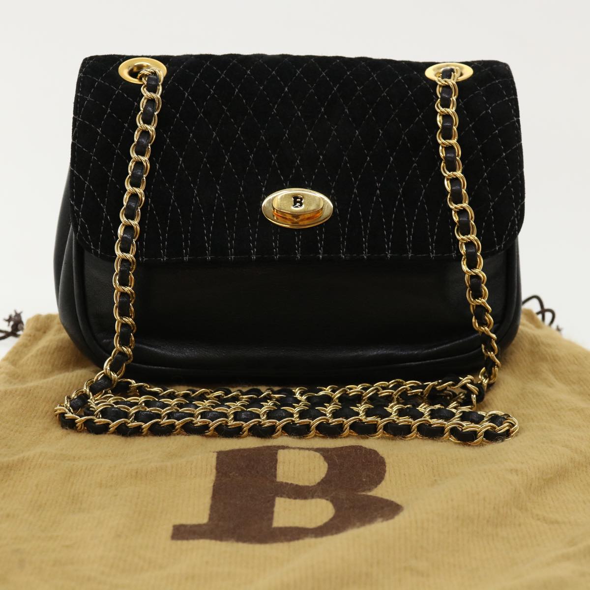 BALLY Matelasse Chain Shoulder Bag Suede Leather Black Auth am3122