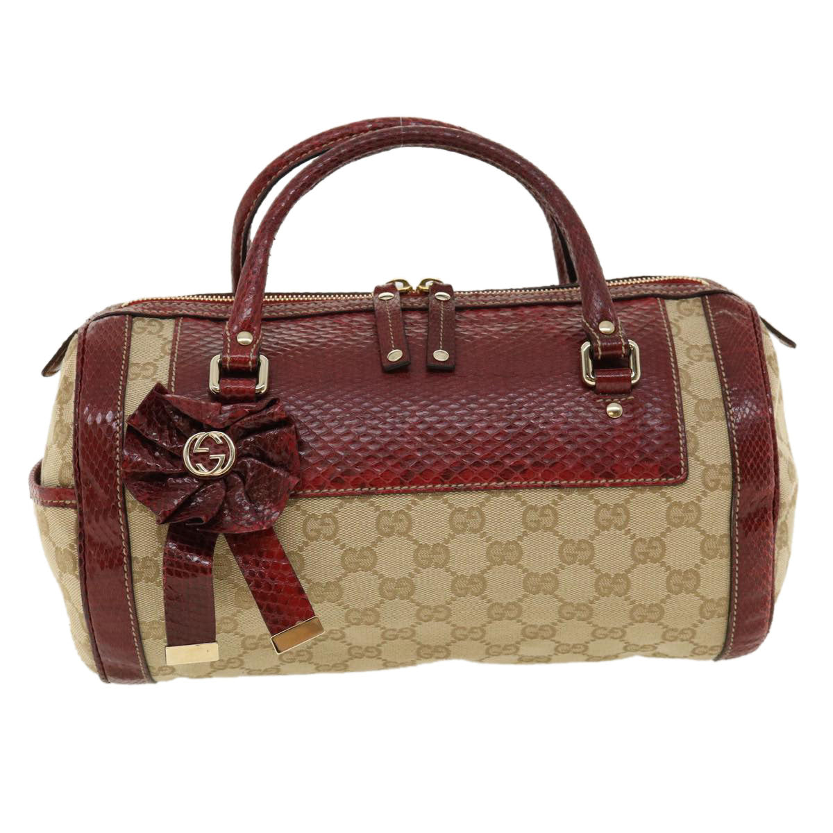 GUCCI GG Canvas Hand Bag Snake skin Beige Red 189825002122 Auth am3163