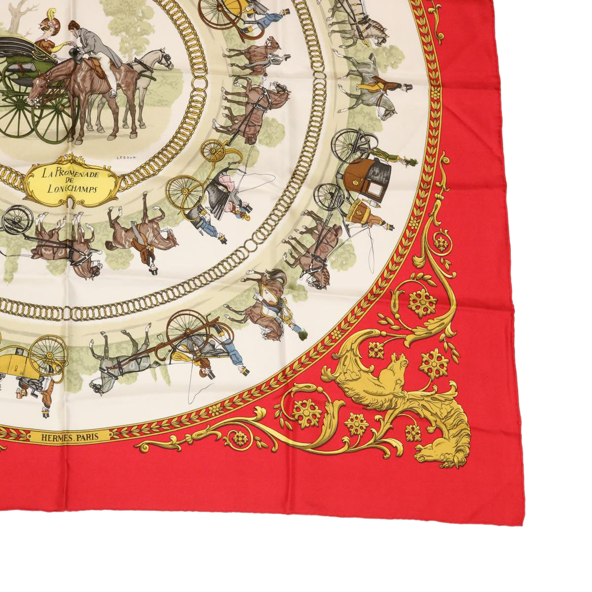 HERMES Carre 90 LA PROMENADE DE LONGCHAMPS Scarf Silk Red Auth am3326