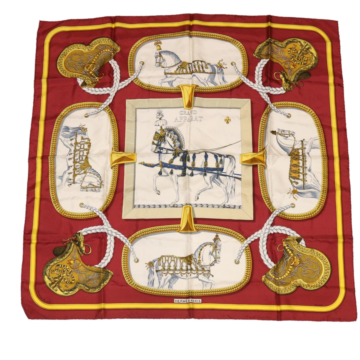 HERMES Carre 90 GRAND APPARAT Scarf Silk Red Auth am3362
