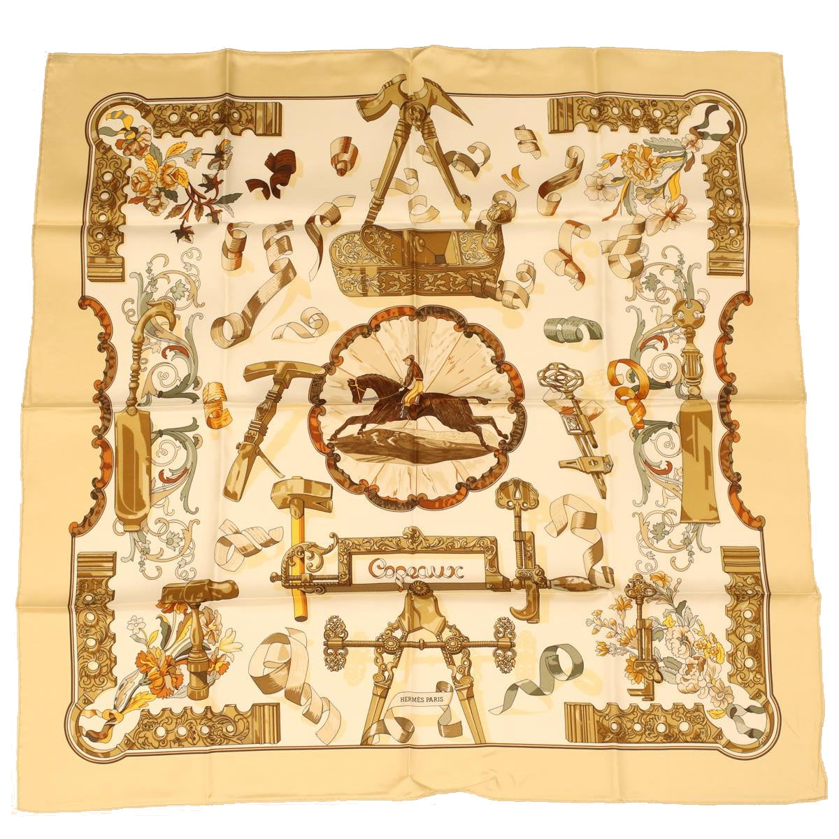 HERMES Carre 90 Copeaux Scarf Silk Brown White Auth am3559