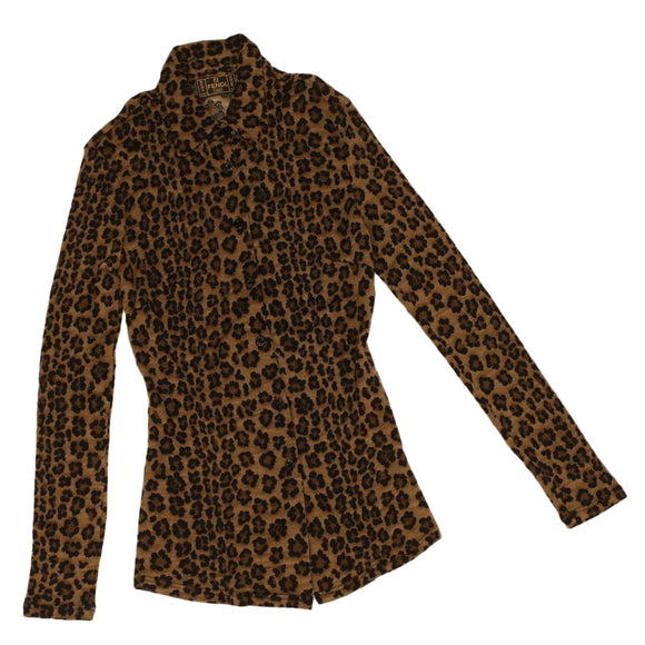 FENDI Leopard Long Sleeved Shirt Wool Brown Auth am3595
