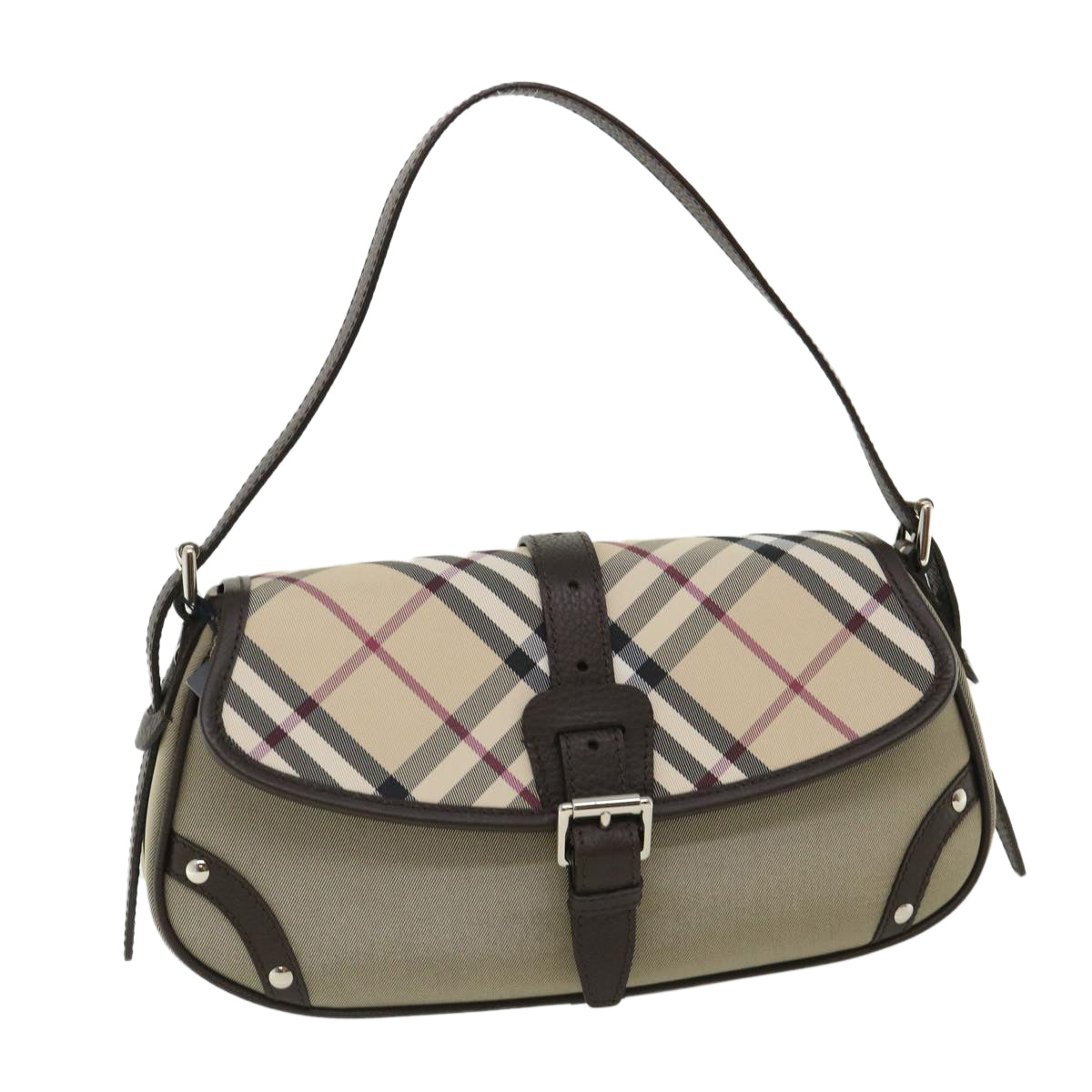 BURBERRY Nova Check Shoulder Bag Canvas Gray Dark Brown beige Auth am3602