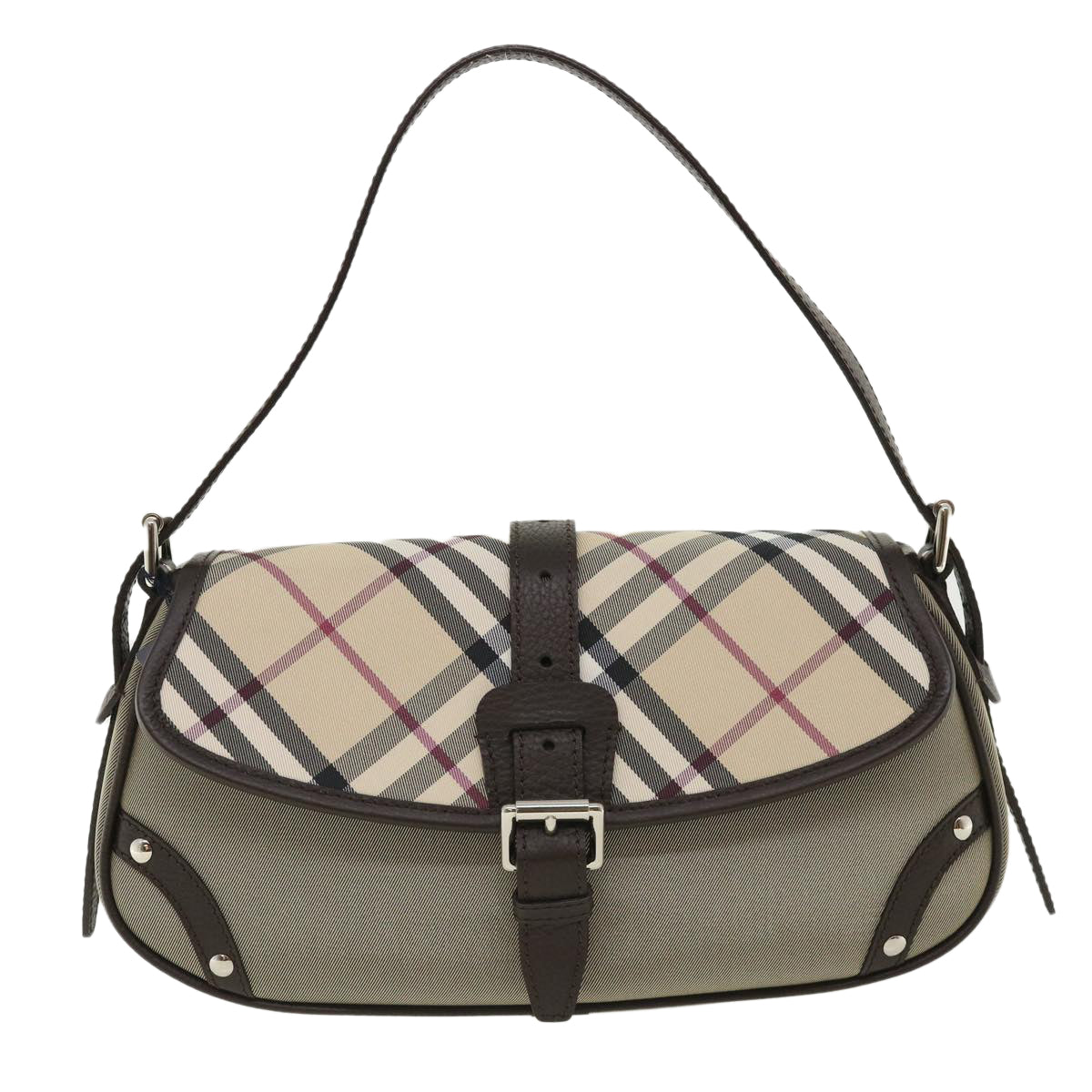 BURBERRY Nova Check Shoulder Bag Canvas Gray Dark Brown beige Auth am3602