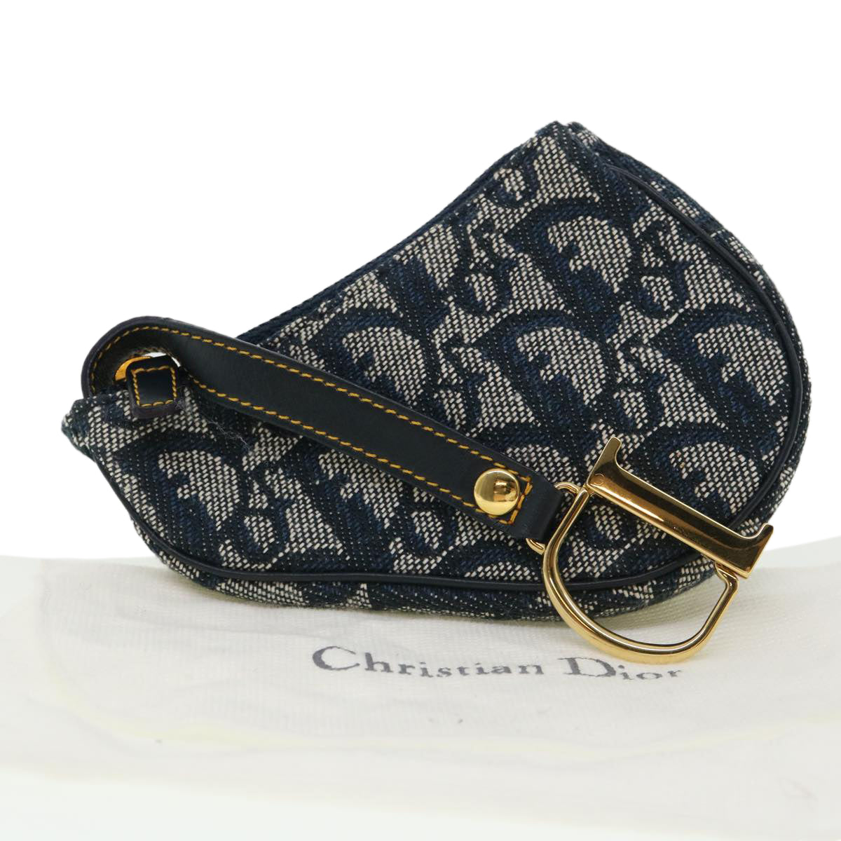 Christian Dior Trotter Canvas Saddle Coin Purse Navy Auth am3626