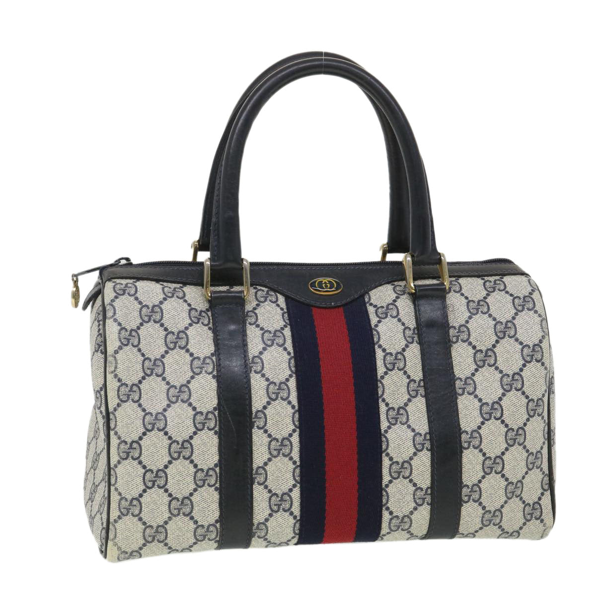 GUCCI GG Canvas Sherry Line Hand Bag PVC Leather Gray Red Navy Auth am3714