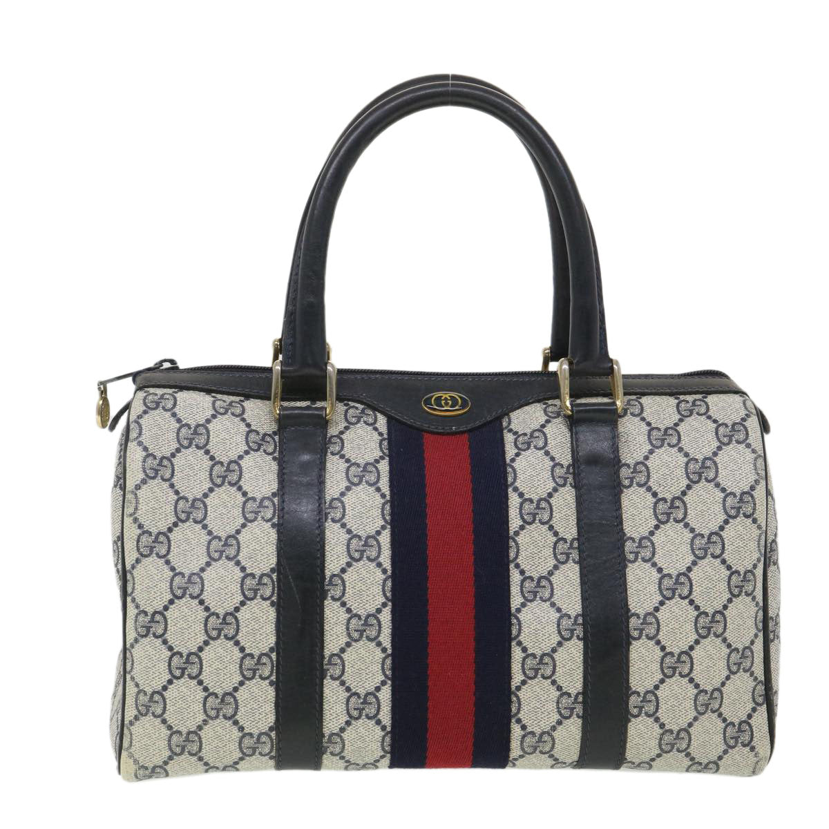 GUCCI GG Canvas Sherry Line Hand Bag PVC Leather Gray Red Navy Auth am3714