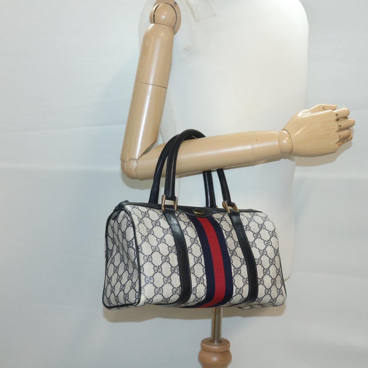 GUCCI GG Canvas Sherry Line Hand Bag PVC Leather Gray Red Navy Auth am3714